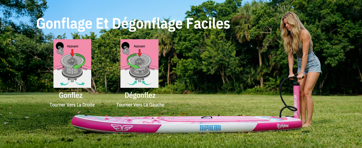 Le texte se lit comme suit : « Confflage et dégonflage faciles ». Trampoline de fitness gonflable rose avec graphiques pédagogiques, femme en tenue de sport faisant des exercices de saut à l'extérieur sur l'herbe.