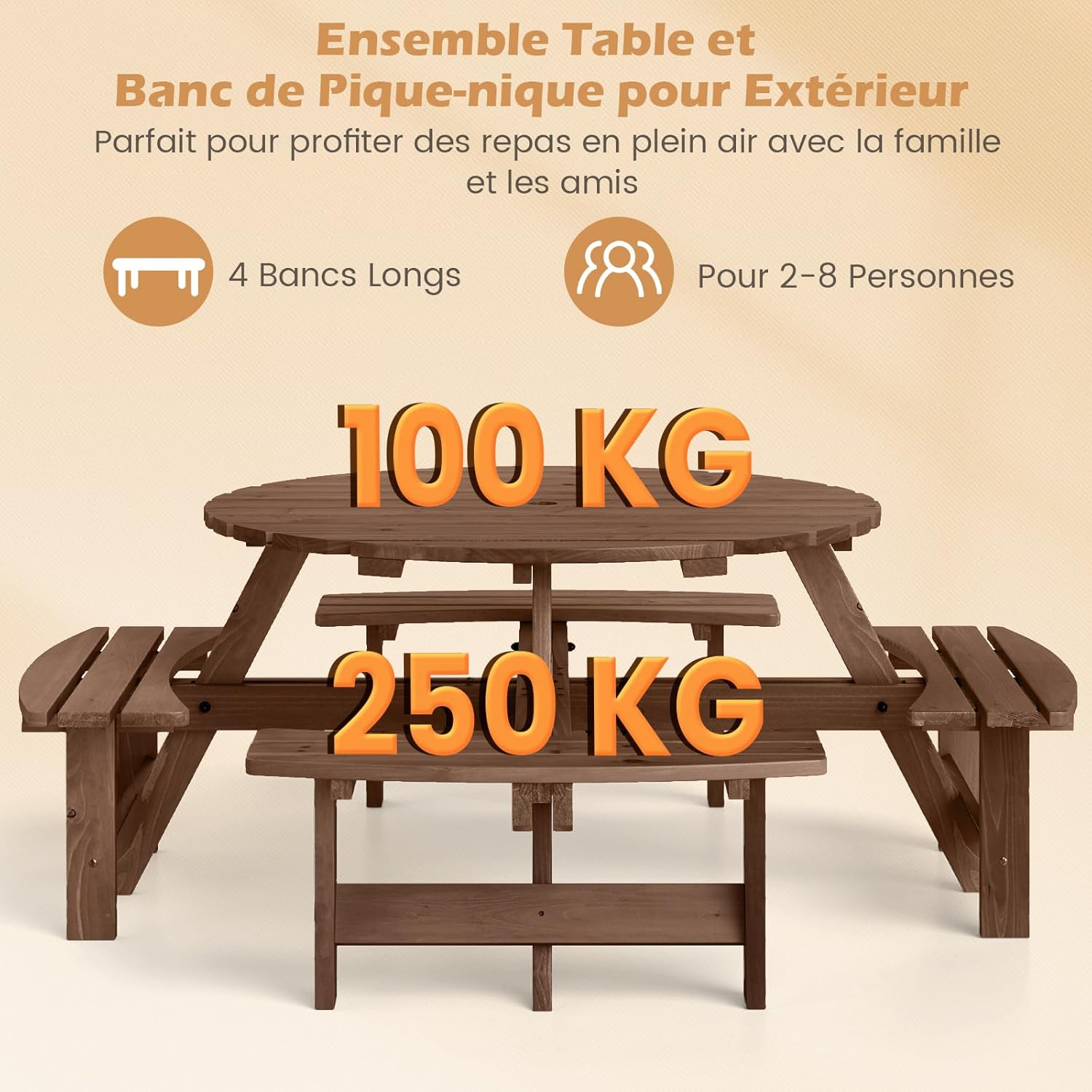 GOPLUS - Table pique-nique ronde 8 places - 4 bancs intégrés, parasol 5cm, marron, 100+250kg