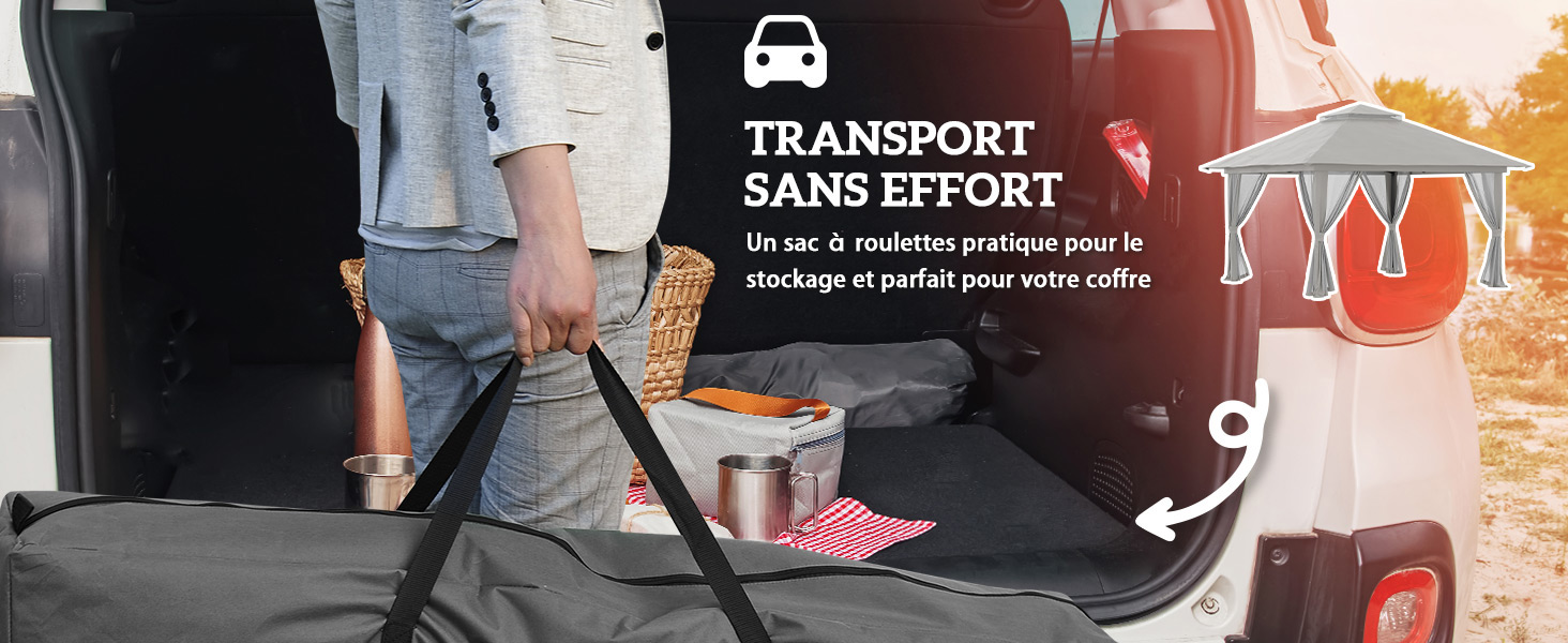 Wagon pliable chargé d'objets provenant du coffre d'une voiture. Le texte en français mentionne la facilité de transport. Conçu pour faciliter le transport et le stockage de diverses marchandises.