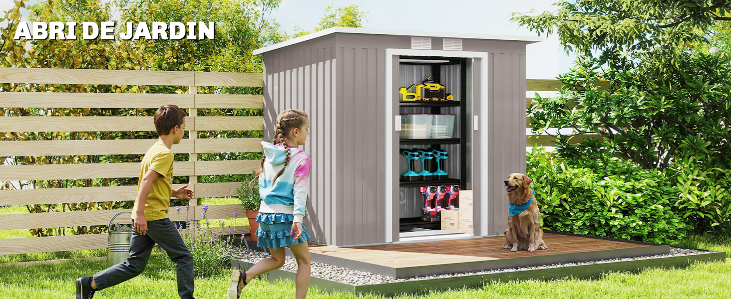 Séquence d'images d'un abri de jardin extérieur ou d'une unité de rangement montrant différentes vues et utilisations, sur fond d'aménagement paysager vert.