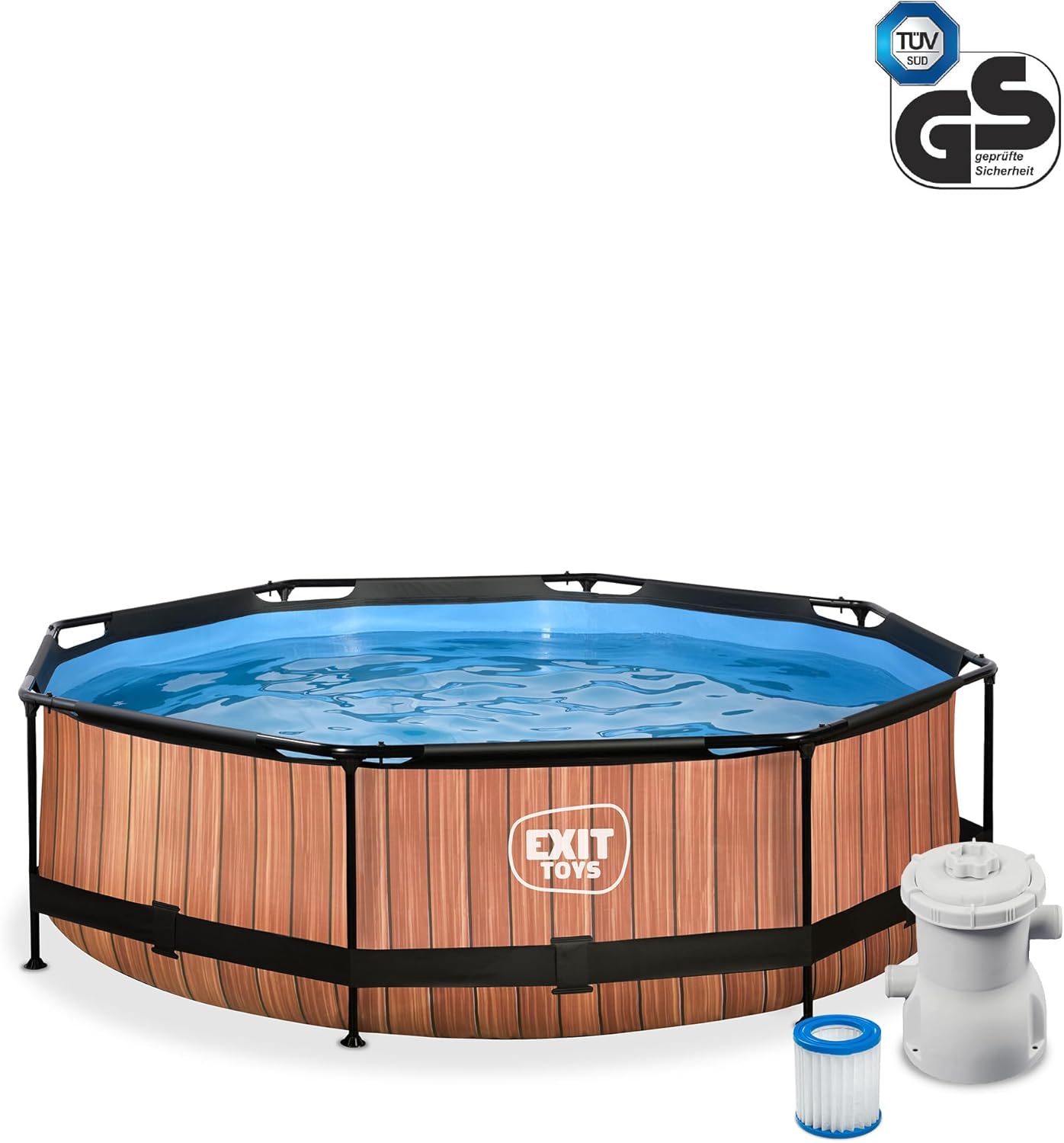 EXIT TOYS Piscine Tubulaire Wood - ø300x76cm - Piscine Hors Sol Ronde avec Pompe Filtrante à Cartouche - Entrée Basse - Idéal pour Les Jeunes Enfants - Cadre Stable - Design Unique - Marron
