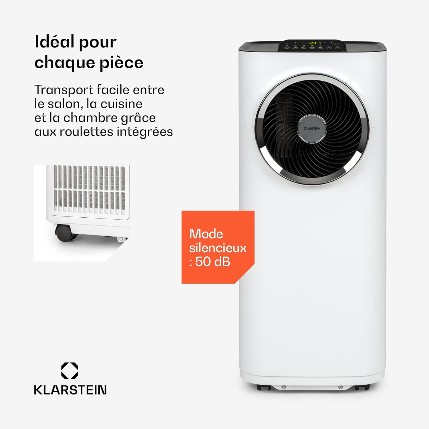 Klarstein Kraftwerk Smart 12K Climatiseur Mobile - 12,000 BTU, 35-59 m², WiFi & App Control, Silencieux 50 dB, Déshumidificateur, Ventilation 3 Niveaux, Minuterie 24h, R290, Tuyau Inclus, Blanc