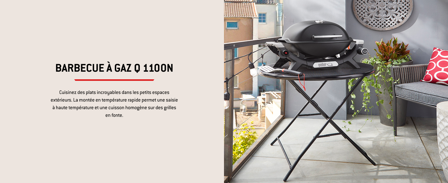 Le texte indique « BARBECUE A GAZ O LODON ». Gril à gaz noir représenté sur une terrasse ou un balcon avec des éléments décoratifs en arrière-plan.