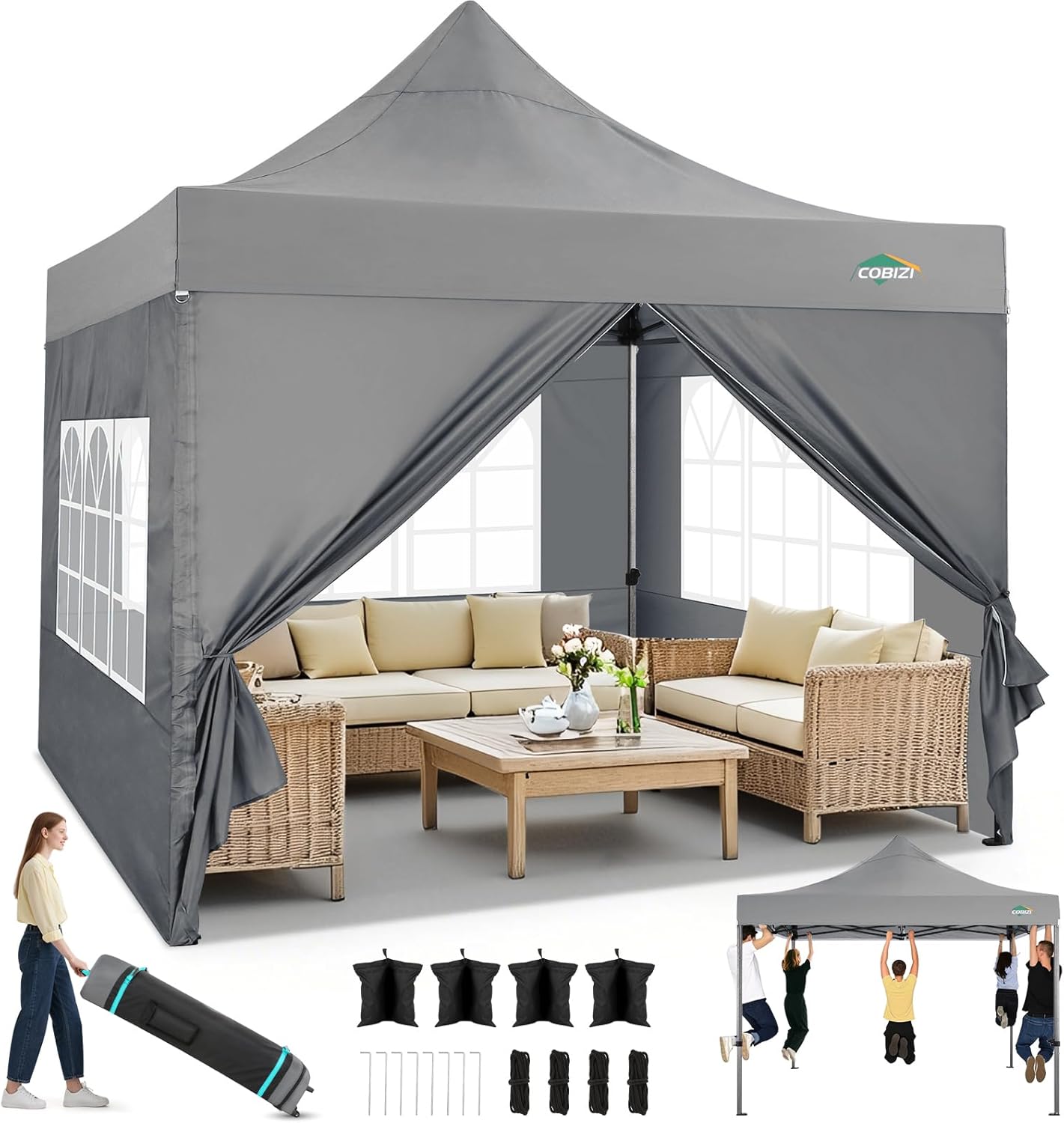 COBIZI - Tonnelle pliante série extérieure - 3x3m - étanche, UV 50+, hiver, 3 hauteurs, panneaux & sacs