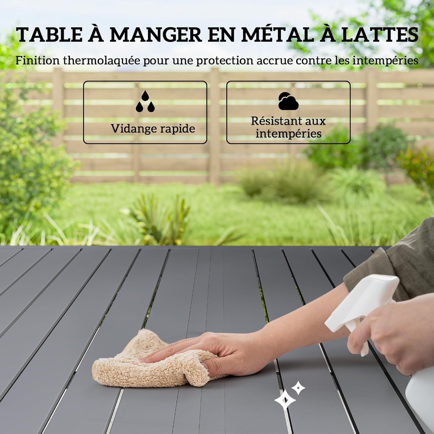 Outsunny - Salon de jardin extérieur 7 pcs - 150cm - table à lattes, acier antirouille, 6 chaises empilables, gris clair