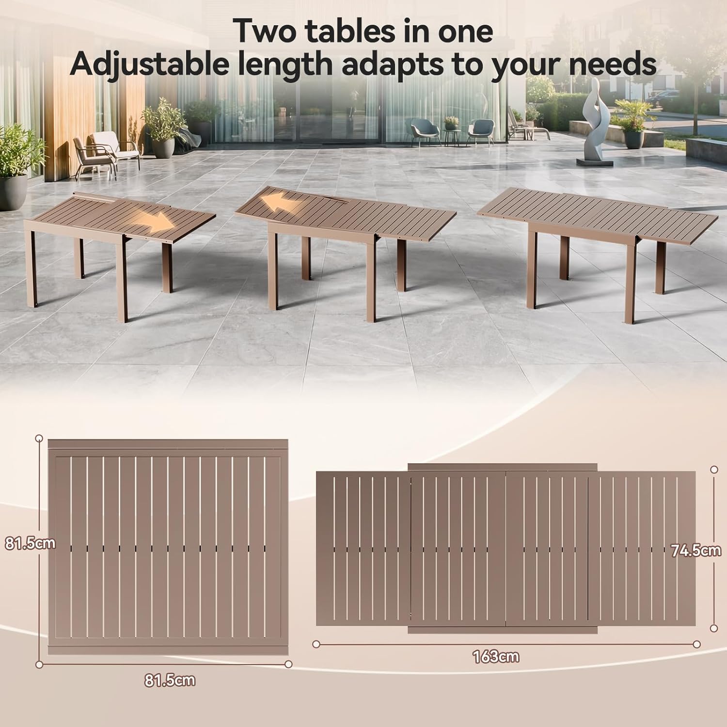 JUMMICO - Table extensible 163x80cm - aluminium, facile entretien, 6-10 pers.