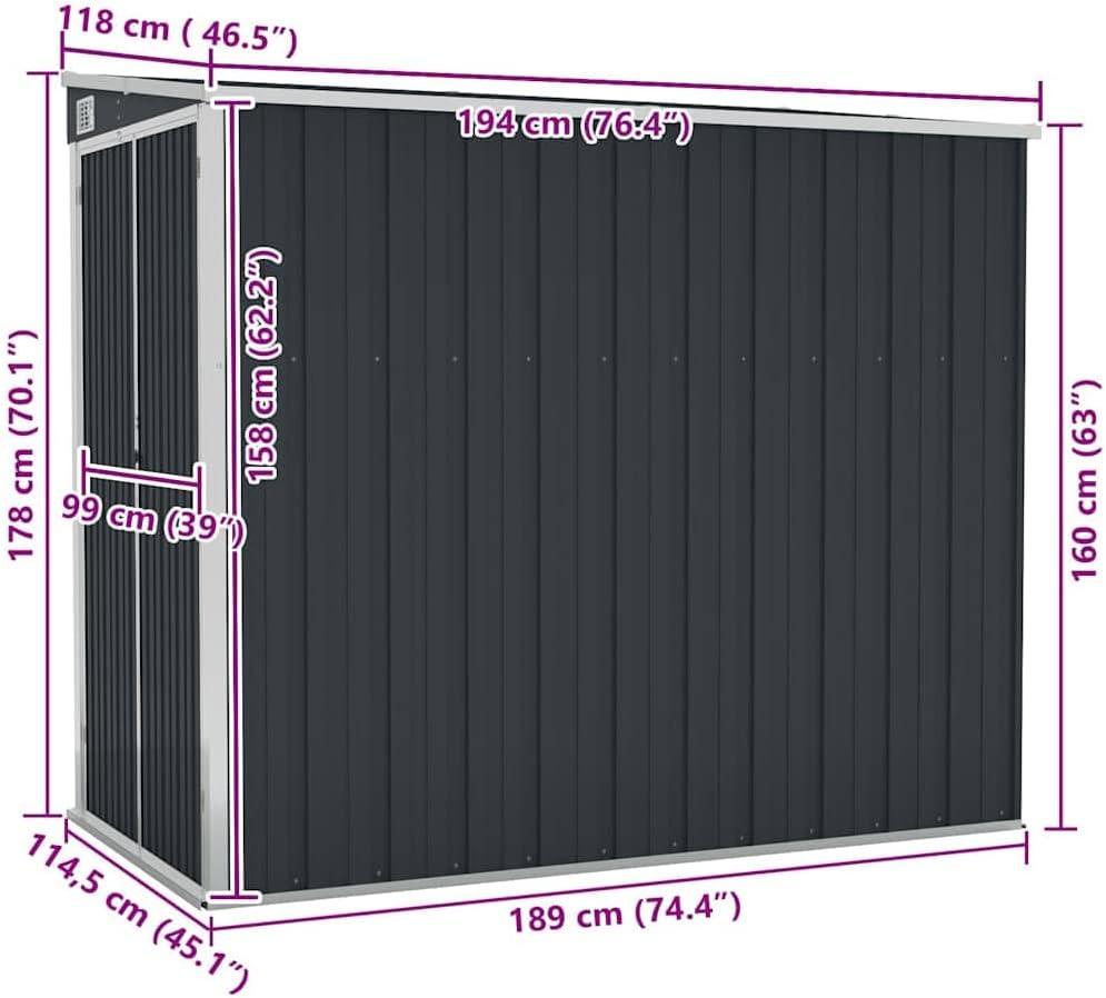 vidaXL Abri de Jardin Mural Abri de Rangement d'Outils Rangement d'Equipement de Jardin Extérieur Cour Anthracite 118x194x178 cm Acier