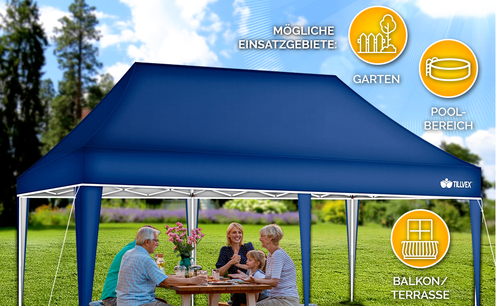 Grande tente extérieure escamotable bleue avec des personnes assises à une table en dessous. Les icônes montrent de multiples cas d'utilisation, y compris les applications pour terrasses et balcons.