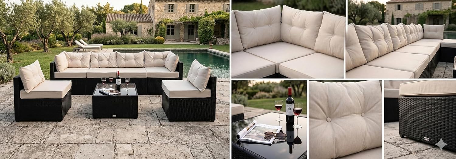 CONCEPT USINE - NACULA - Salon de jardin 5 places, résine tressée, coussins beige, table basse verre, extérieur
