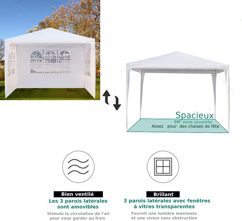 Alightup - tonnelle pliante imperméable - 3x3m - 3 parois, anti-UV, bâche PE épaisse