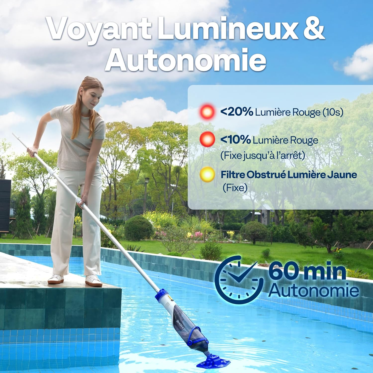 VIVOHOME 70LPM Aspirateur de Piscine sans Fil avec Batterie, Nettoyeur de Piscine Portable avec 4 Sacs Filtrants, Perche Télescopique, Aspiration 278cm pour Piscine Hors-Sol et Enterrée, Spa
