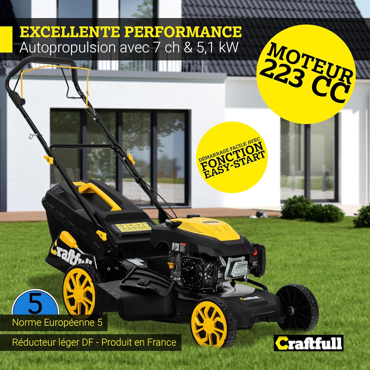 Craftfull - Tondeuse autotractée OHV 223cm³, 53cm, 7 réglages - CR-224-30