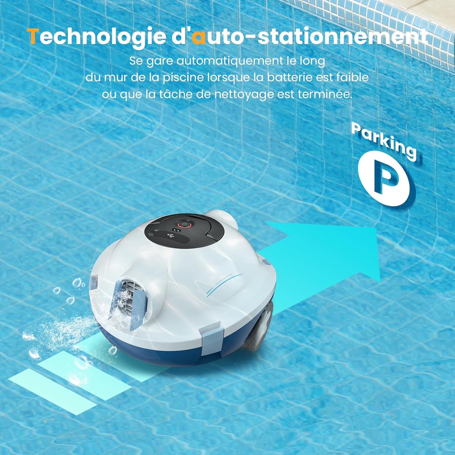 Robot Piscine MEDOXA - Auto-nettoyeur sans fil, 120 min autonomie, fonds plats jusqu’à 100 m², auto-stationnement.