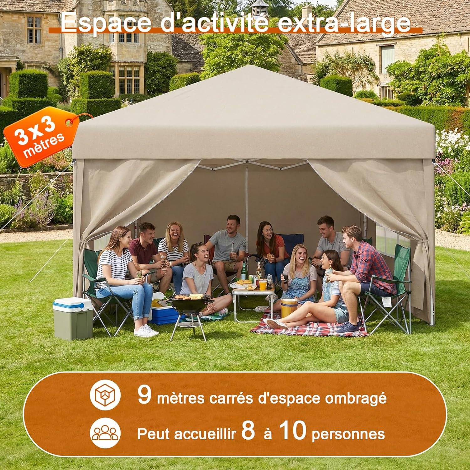 Devoko - tonnelle pliante 3x3m - imperméable, 4 parois, UV 50+