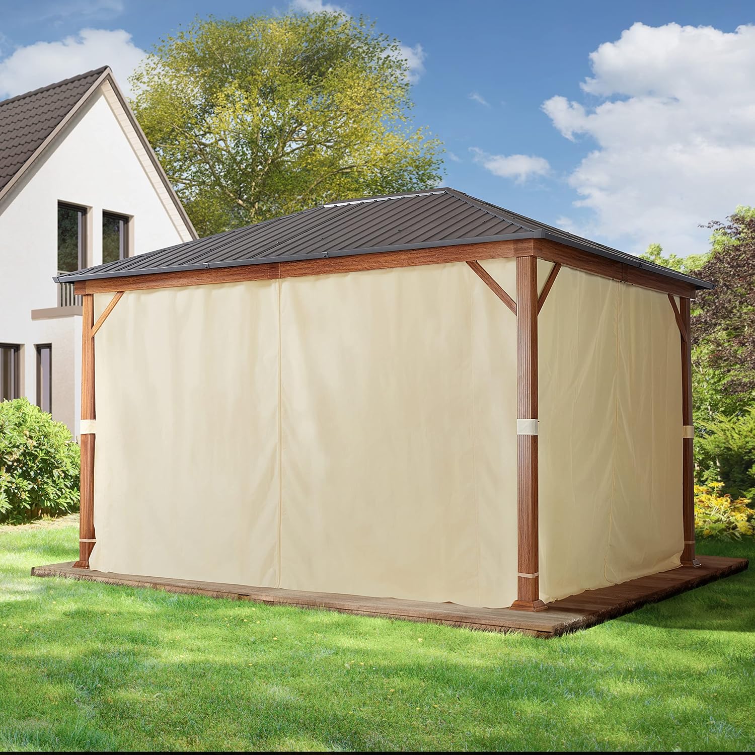TOOLPORT - tonnelle de jardin série aspect bois 3x4m toit acier, 4 parois, champagne