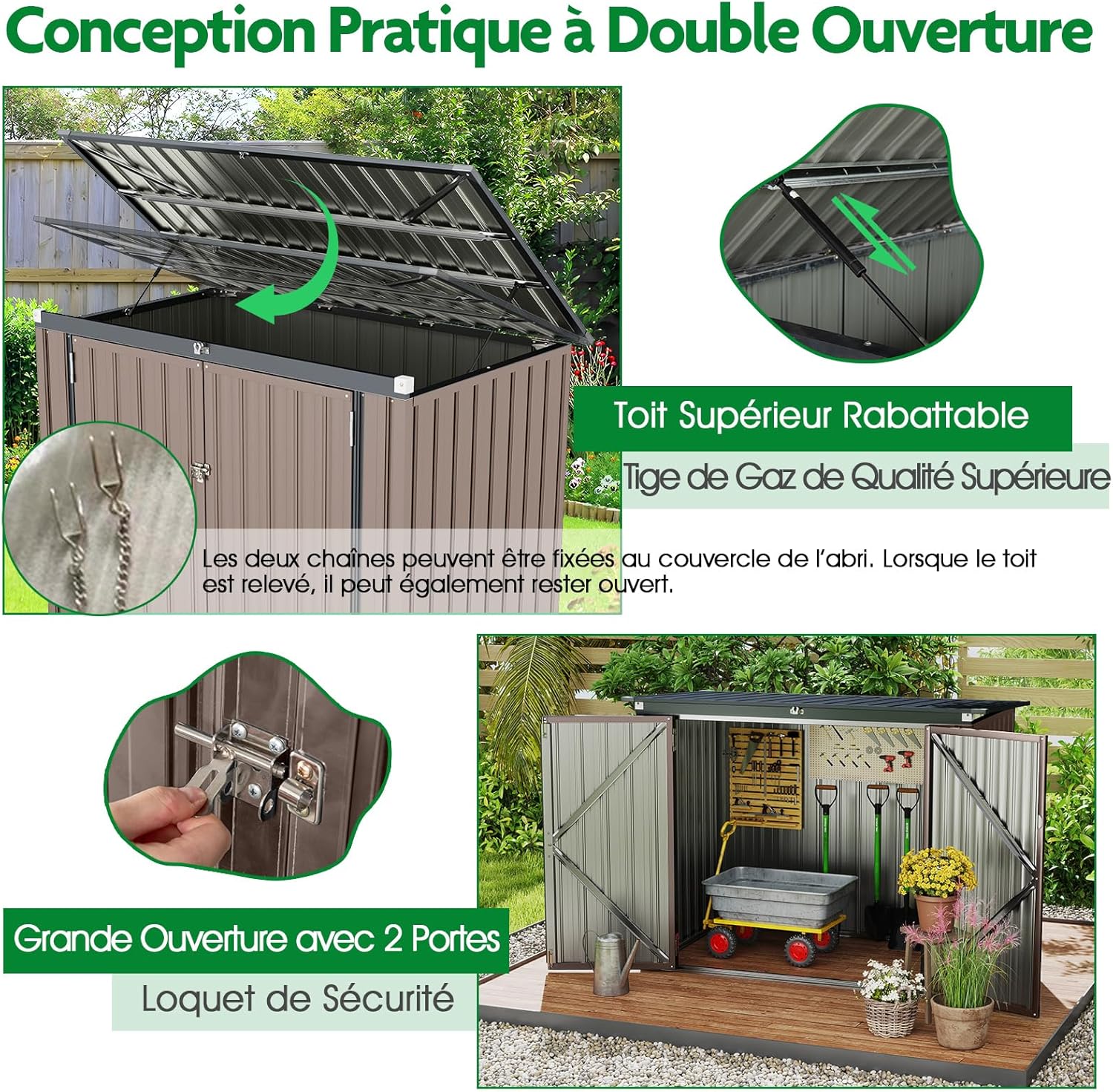 RELAX4LIFE - abri de jardin métal 172x100x129 cm, portes doubles, couvercle relevable
