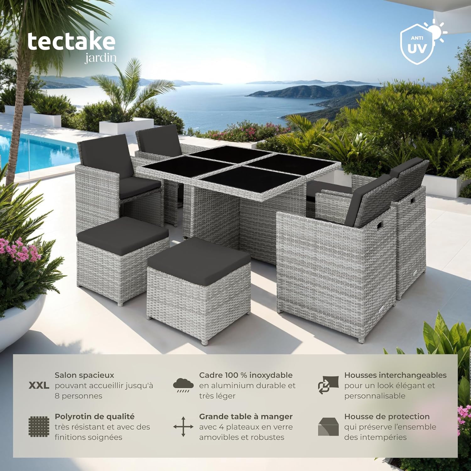 tectake - Salon de jardin extérieur 8 places - alu, polyrotin, table large, gris clair