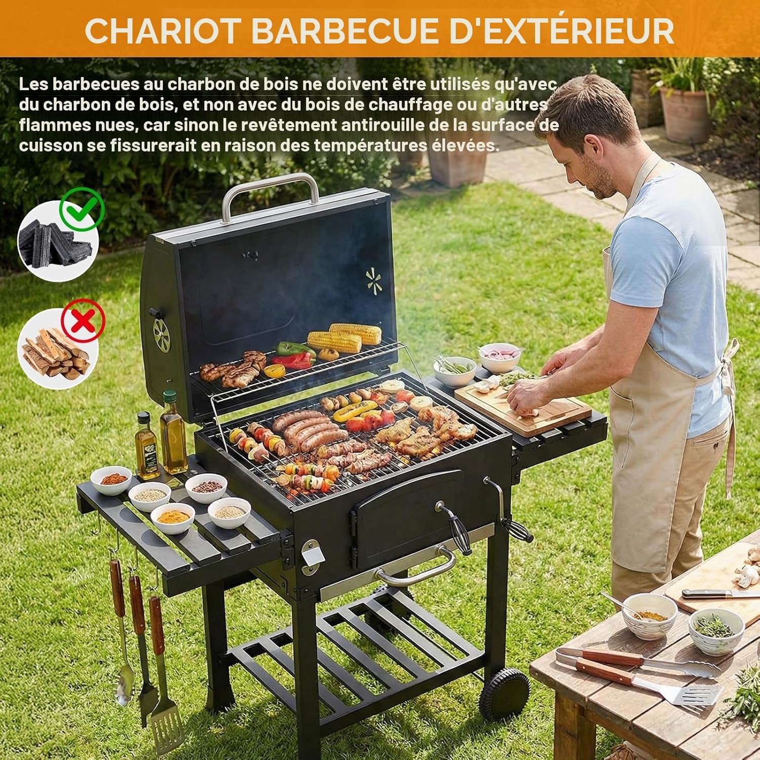 LIFERUN - Barbecue charbon XXL - grand chariot, fumoir et thermomètre