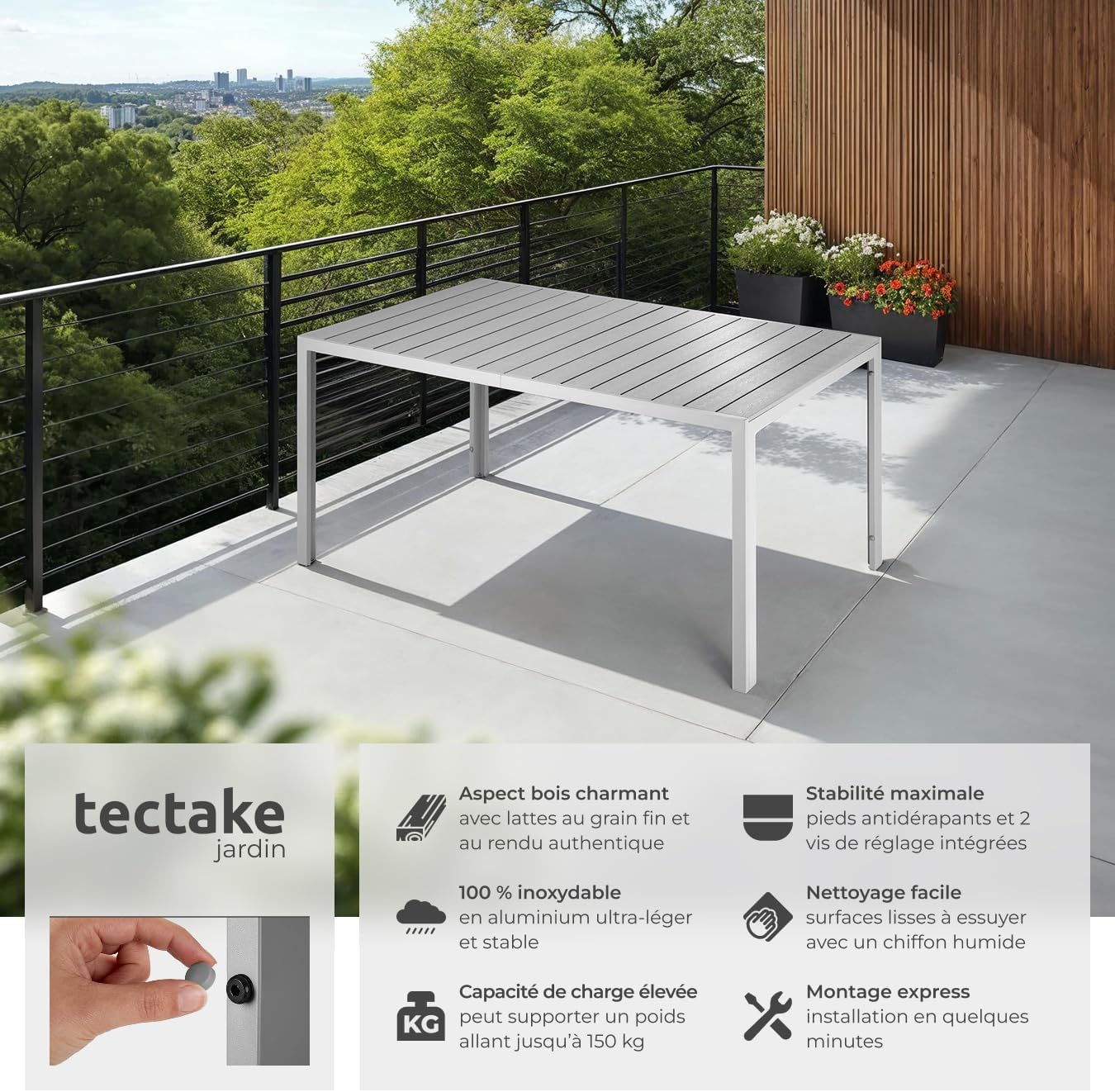 tectake - Table à manger aluminium aspect bois 150x90x74,5cm résistante