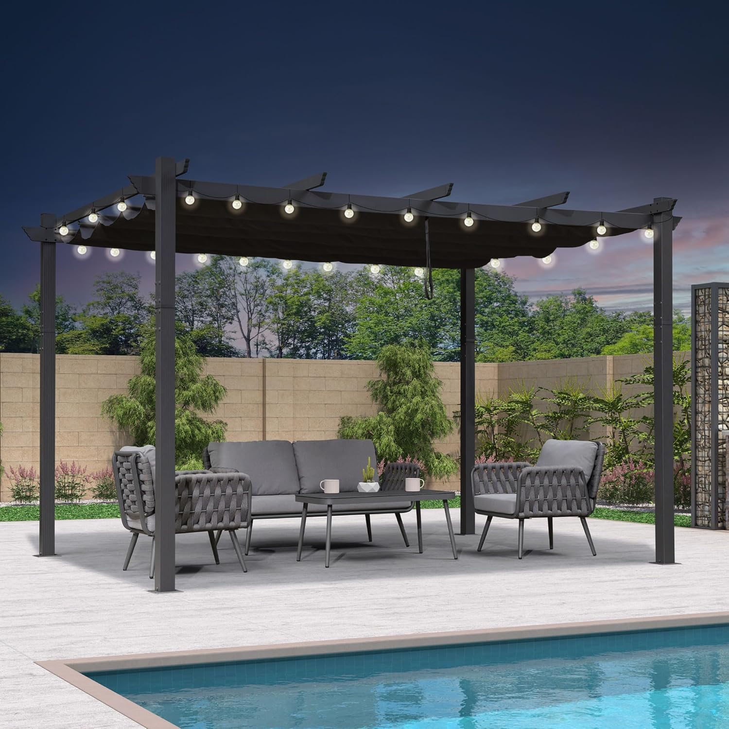 PURPLE LEAF - Pergola aluminium - 4x3,2m - LED, toit rétractable, toile teintée