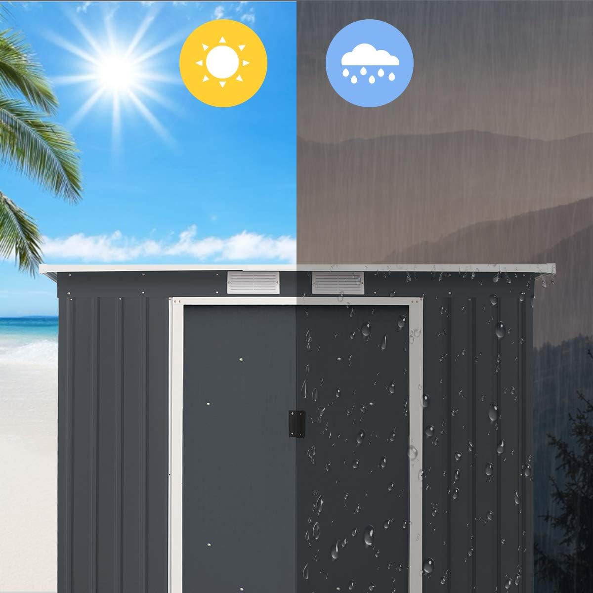 GOPLUS 2,37M² Abri de Jardin en Acier Galvanisé Résistant 4,1m³, 213x130x173CM, Cabane de Jardin Exterieur avec 2 Portes Coulissant, 2 Aérations, Toit Incliné, Rangement Outils pour Pelouse, Patio