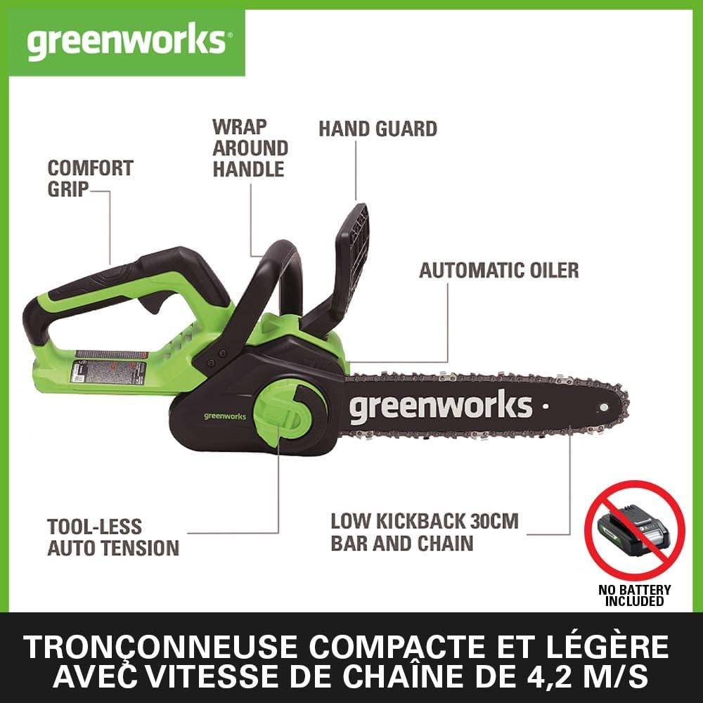 Greenworks - G40CS30II - 30cm - tronçonneuse batterie, 4,2m/s, 2,6kg, G40CS30II