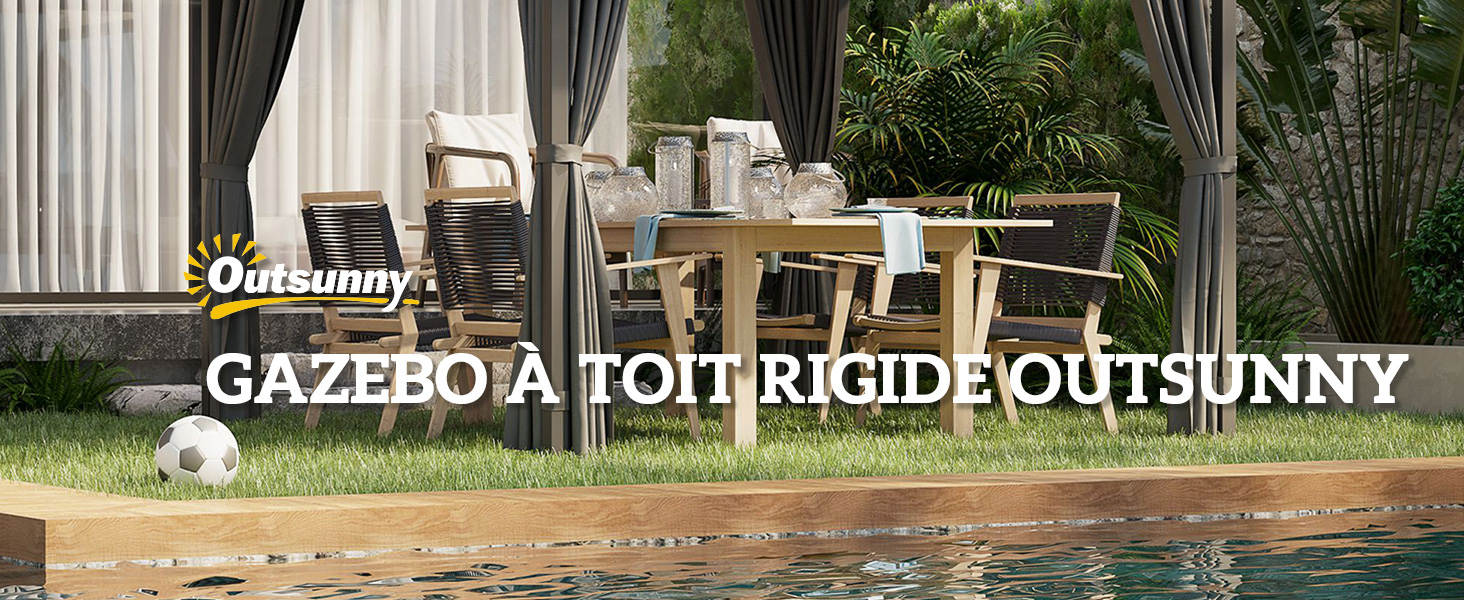 Tonnelle extérieure avec toit rigide, installée près d'une piscine. Meubles de patio visibles à l'intérieur. Le texte superposé indique « GAZEBO A TOIT RIGIDE