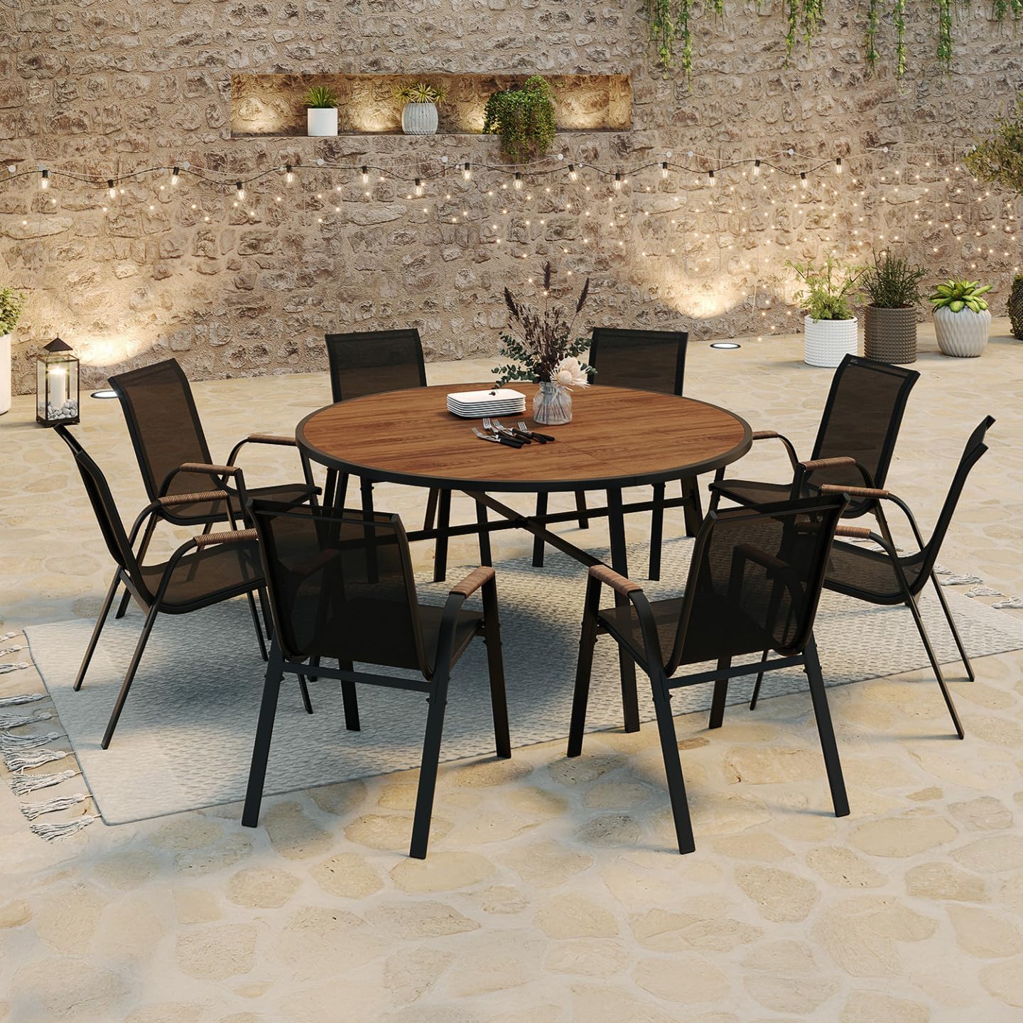 IDMarket - Noumea - Table ø150 cm et 8 chaises empilables, verre et bois