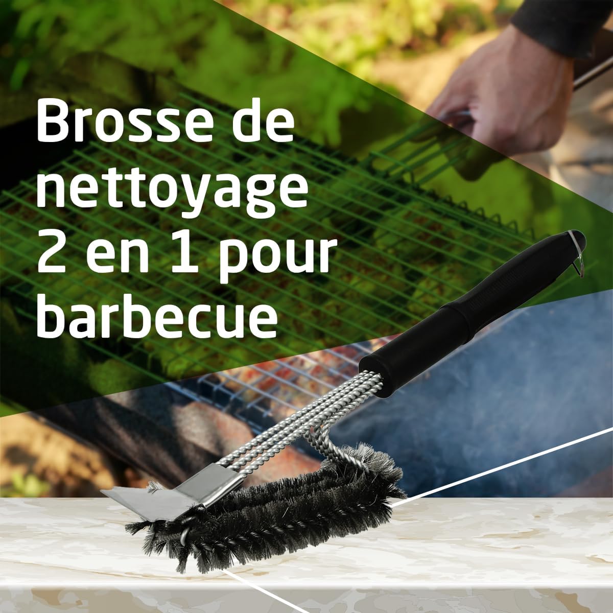 Amig - Fireplus 2 en 1 - 45,7 cm - Brosse inox et grattoir BBQ