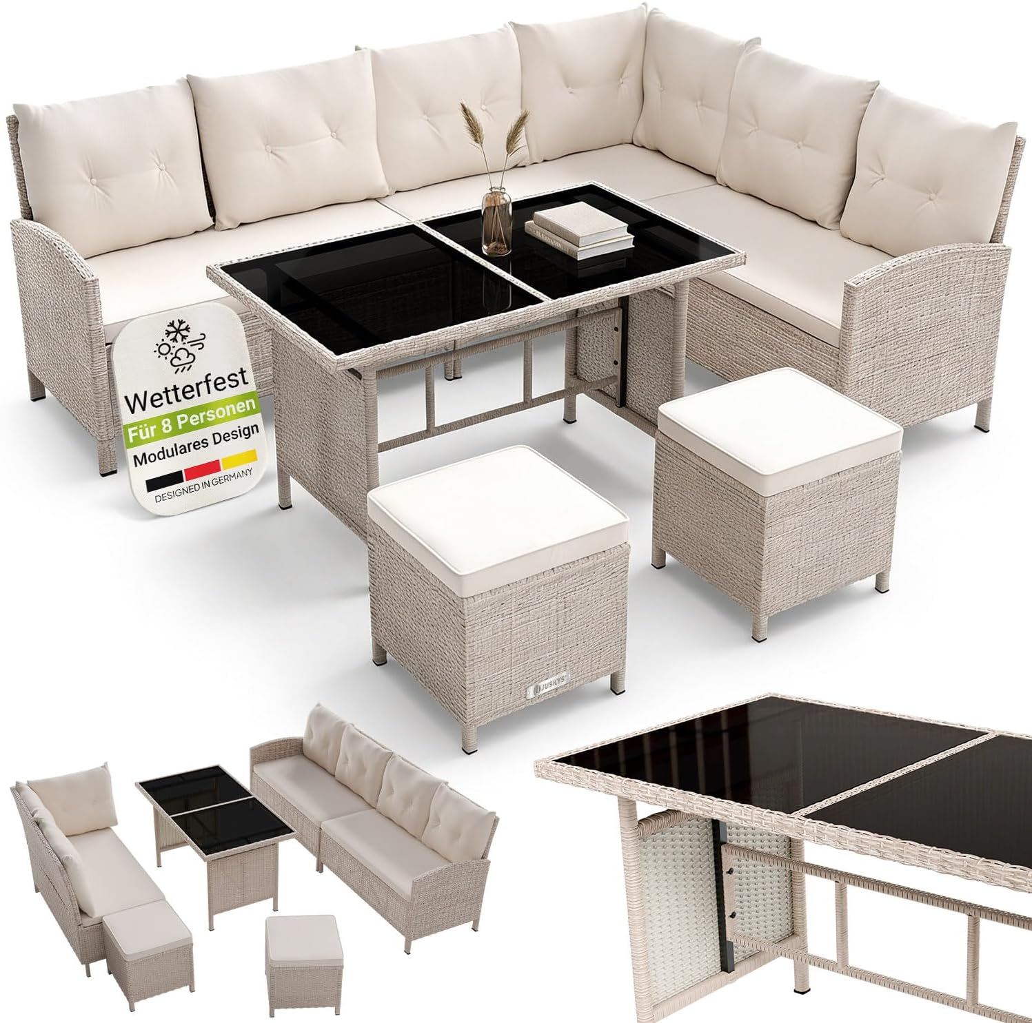 Juskys - Salon Manacor - canapé d’angle, table, 2 poufs, crème,  jardin