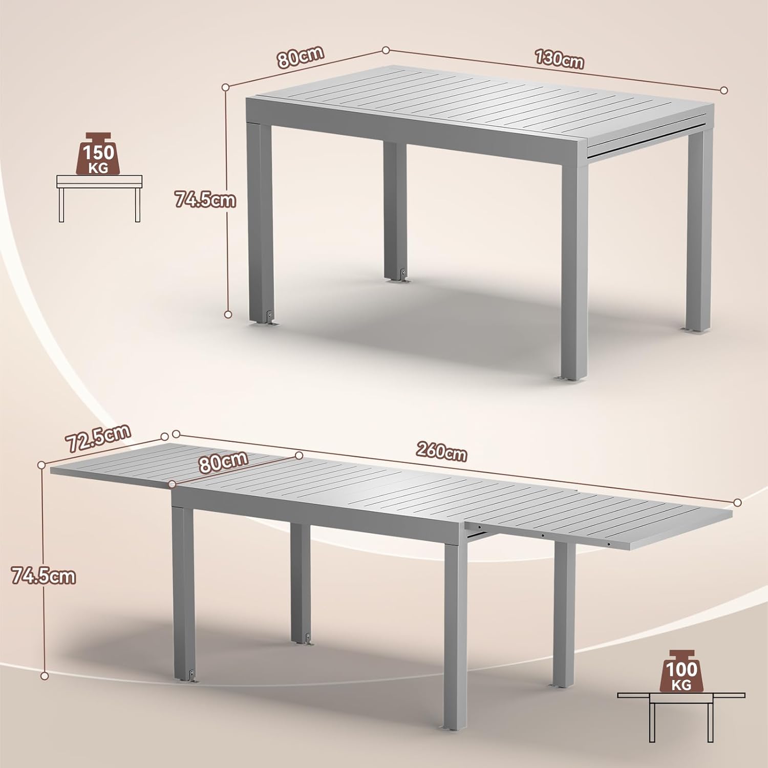 JUMMICO - Table extensible 260x80cm - aluminium, résistante, facile à nettoyer