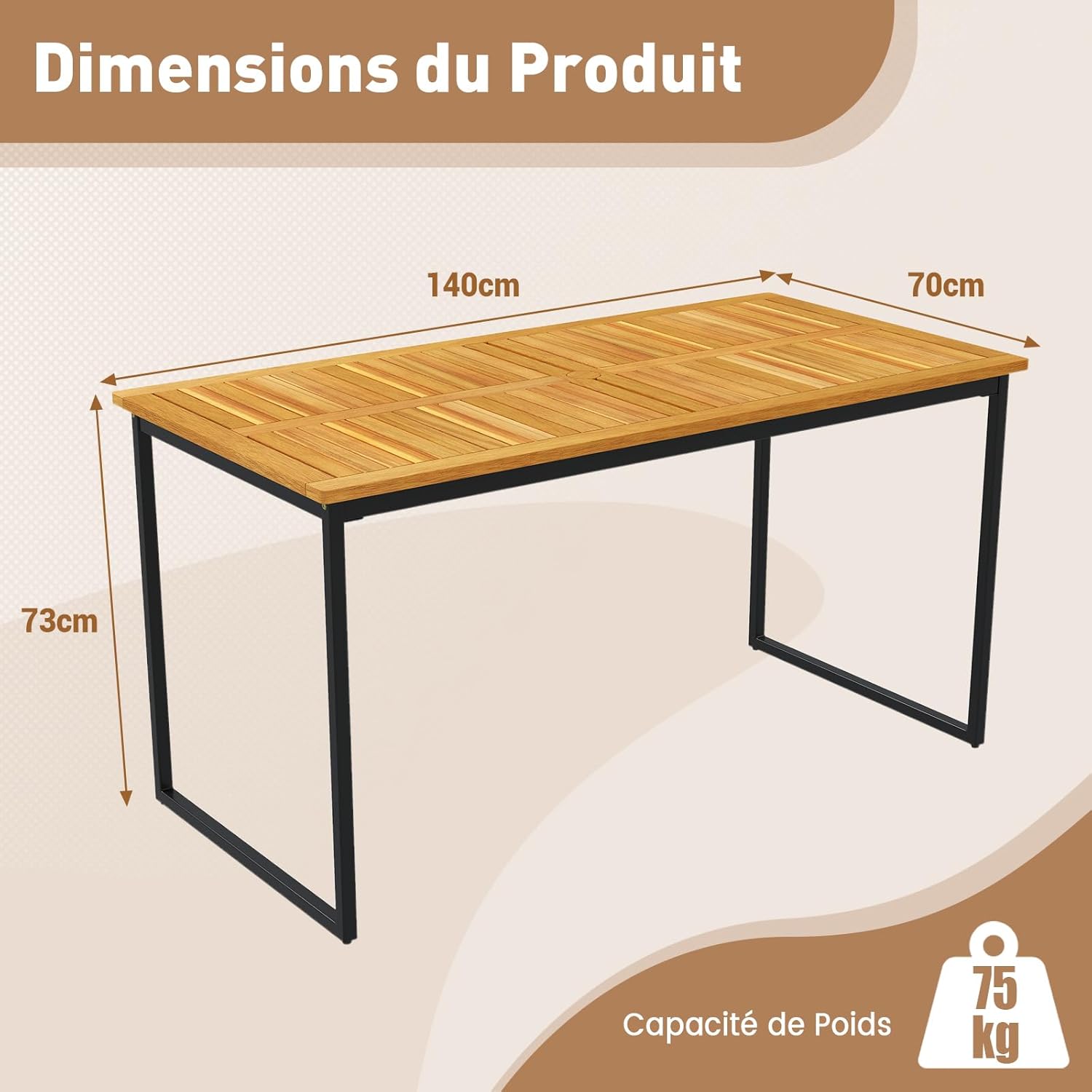 COSTWAY - Table de jardin 140cm, bois d’acacia, métal, trou parasol