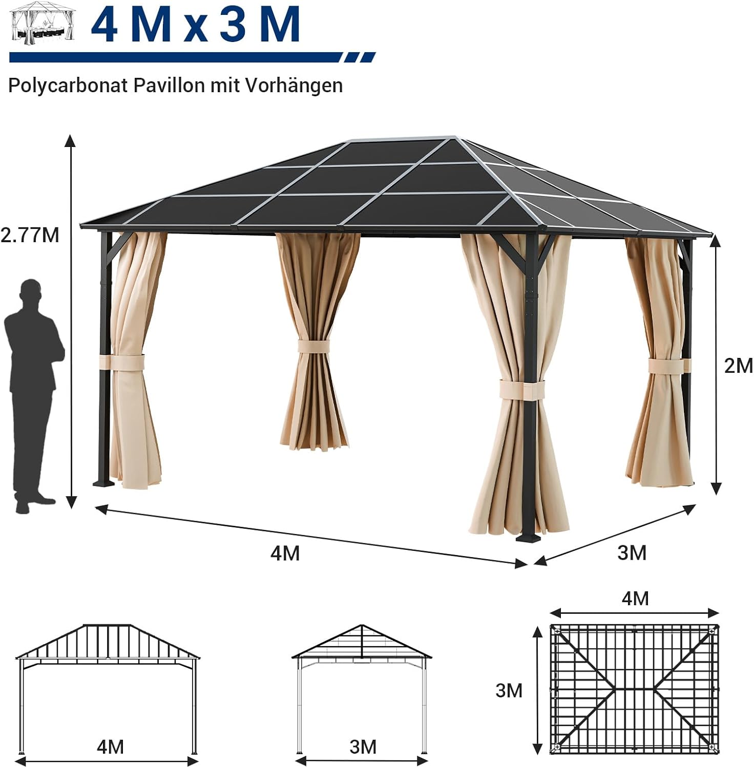 UDPATIO - tonnelle de jardin série imperméable 3x4m, toit UV, rideaux, stabilisée, Champagne