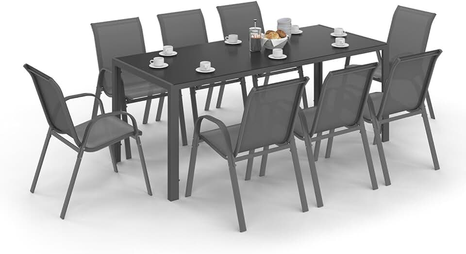 IDMarket - Madrid salon de jardin 190 cm, 8 chaises empilables, gris anthracite