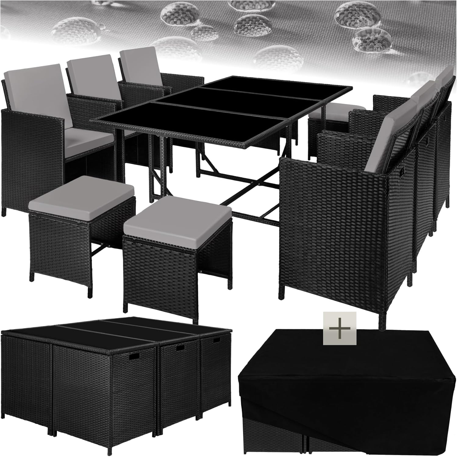 tectake - Salon de jardin polyrotin 10 pers, 6 fauteuils, 4 poufs, housse