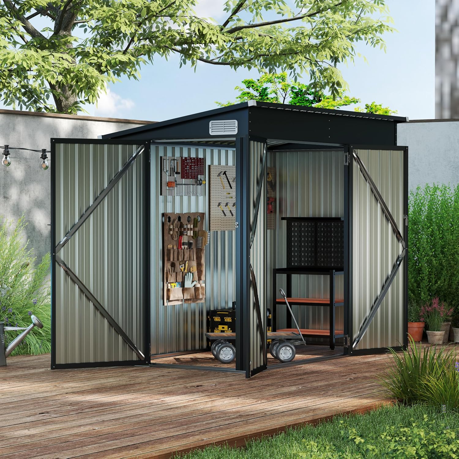 RELAX4LIFE Abri de Jardin Métal 235X117X185CM avec 2 Portes Verrouillable-Loquets Clés Inclus et Fenêtres, Cabane à Outils Cabanon Résistant aux intempéries pour Poubelles Extérieur (Gris, 5M³)