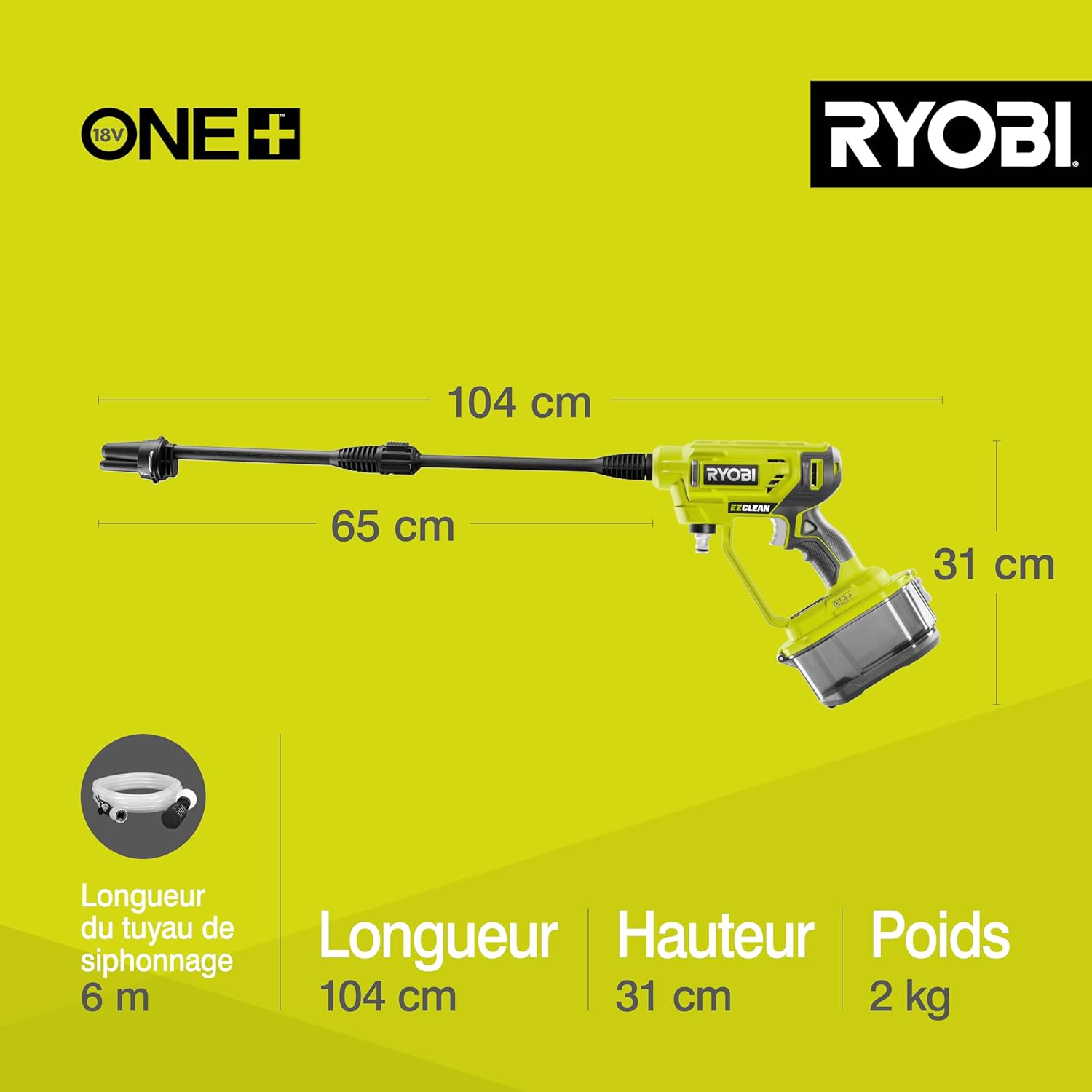 Ryobi - pistolet haute pression 18V One+, 22 bar, léger, 2.5Ah, RY18PW22A-125