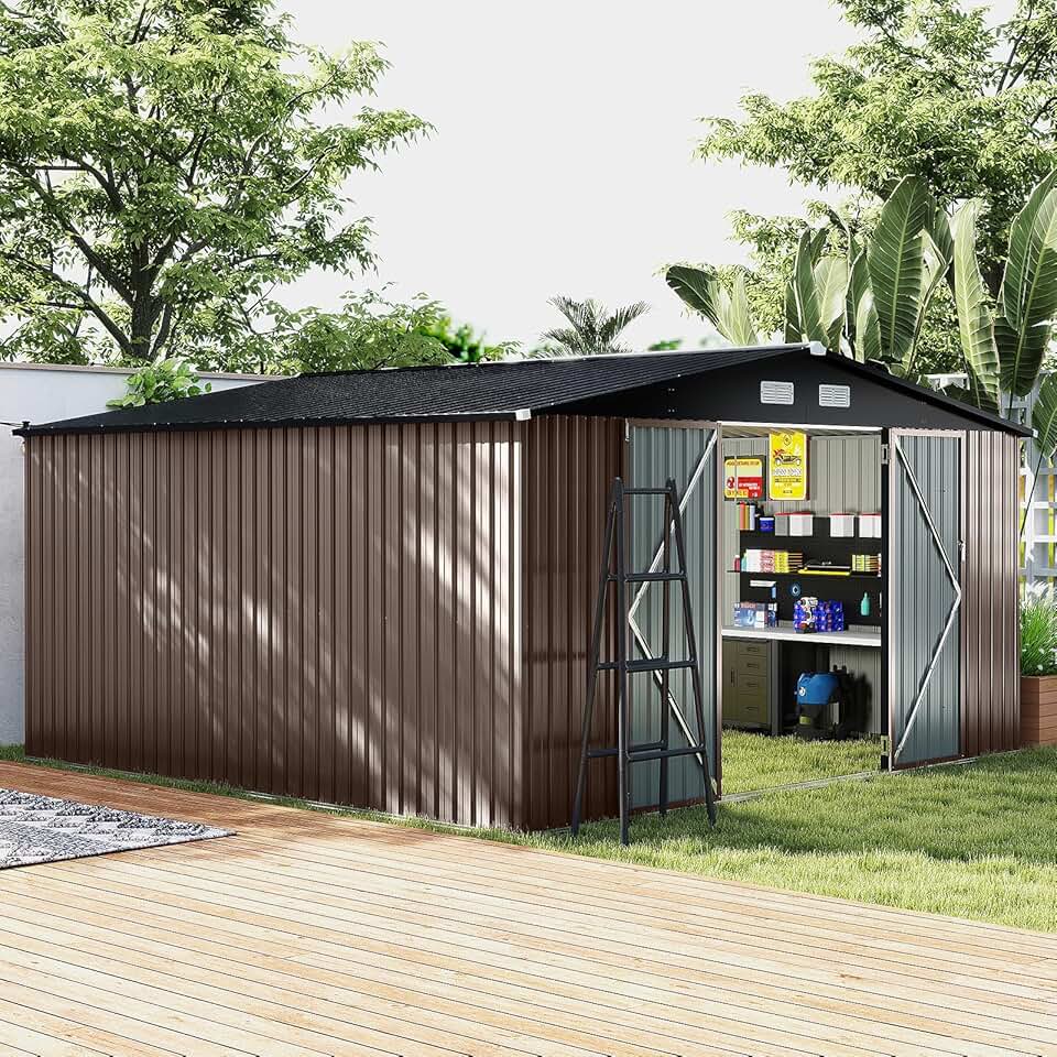 Costway - abri de jardin métal, 12m², toit double pente, double porte, 4 aérations