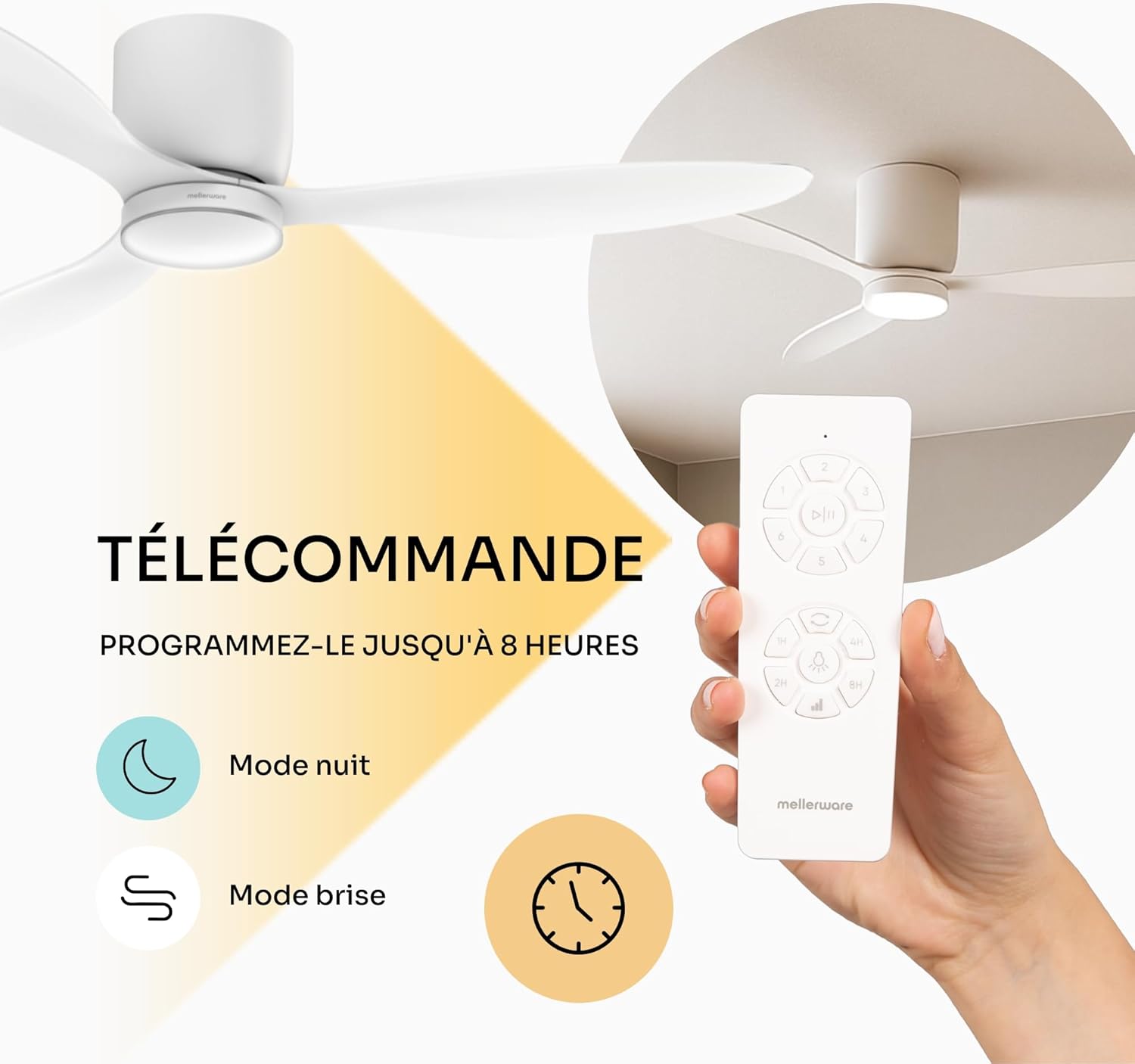 Mellerware - Ventilateur de plafond Brizy Bright Minimal 40W avec télécommande | 6 vitesses | Ultra silencieux | 3 lames 132 de diamètre | Fonction Été-Hiver | Minuterie | DIRIGÉ