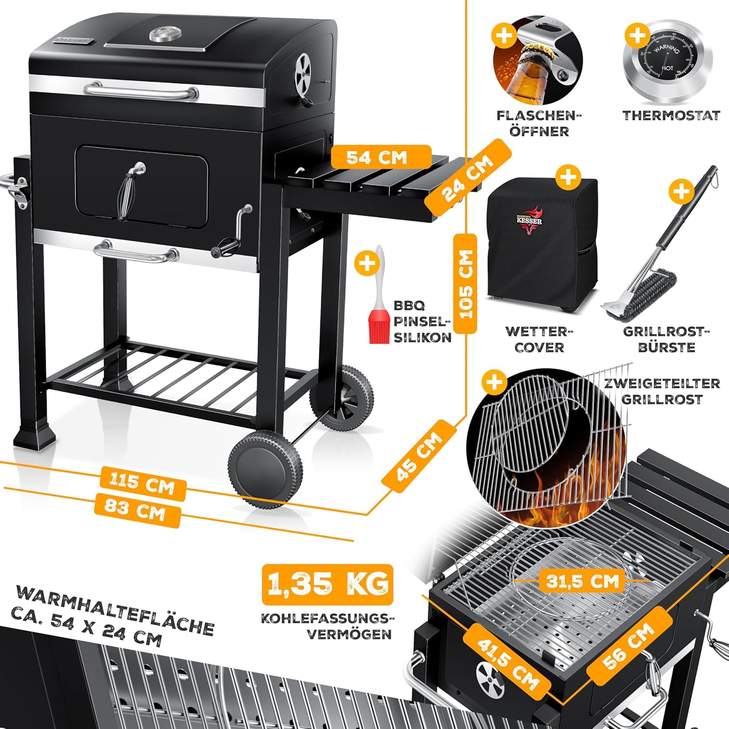 KESSER - Grill Chariot XL - barbecue charbon, couvercle, roues, thermomètre, accessoires