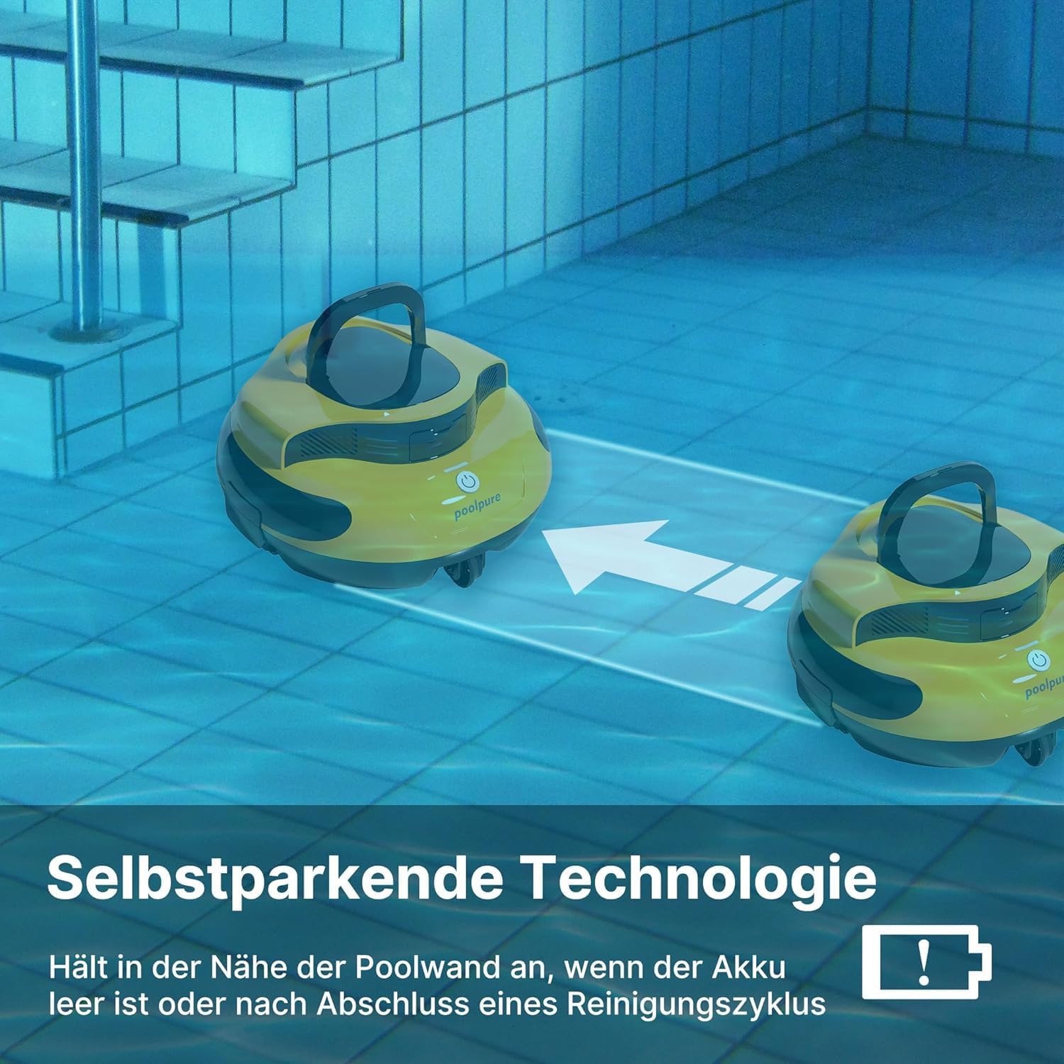 POOLPURE Robot de Piscine 2026 - Temps de Nettoyage de 100 Minutes - Double Moteur - Voyants LED - Fonction de stationnement Automatique - Étanchéité IPX8 - Aspirateur de Piscine sans Fil - Jaune