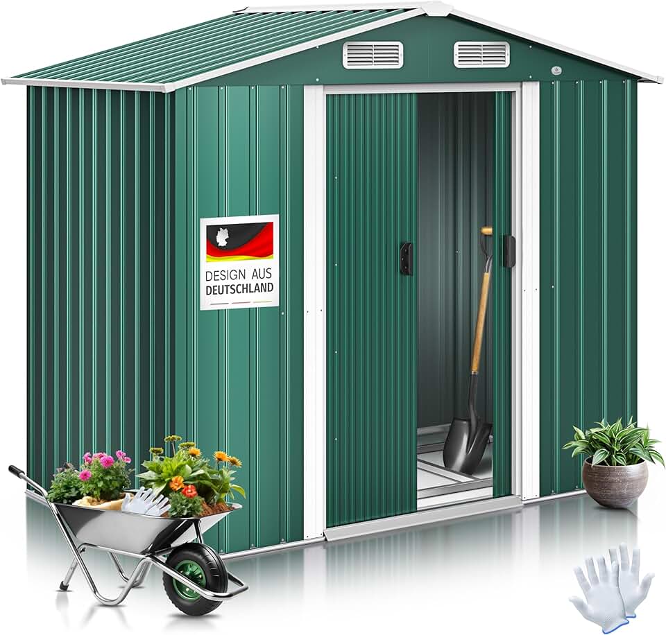 KESSER® Abri de Jardin XL en métal de 4,2 m³ avec Fondation, Gants de Travail, 182 x 118 x 186 cm, 2 Portes coulissantes, Abri à Outils, Armoire, Toit à Pente de Jardin Vert