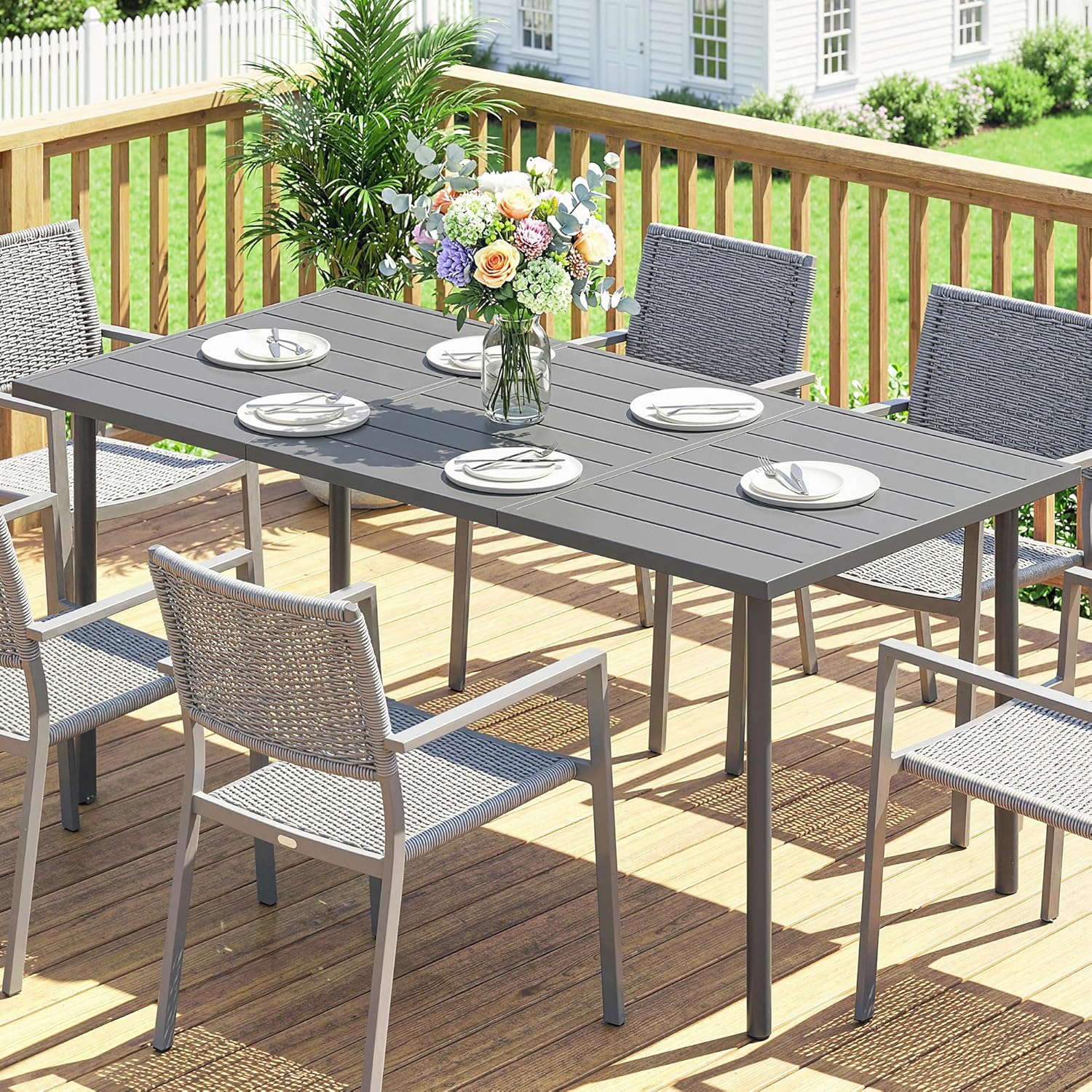 Outsunny - Table jardin série 6 pers - 165x80 cm - métal lattes, extérieur