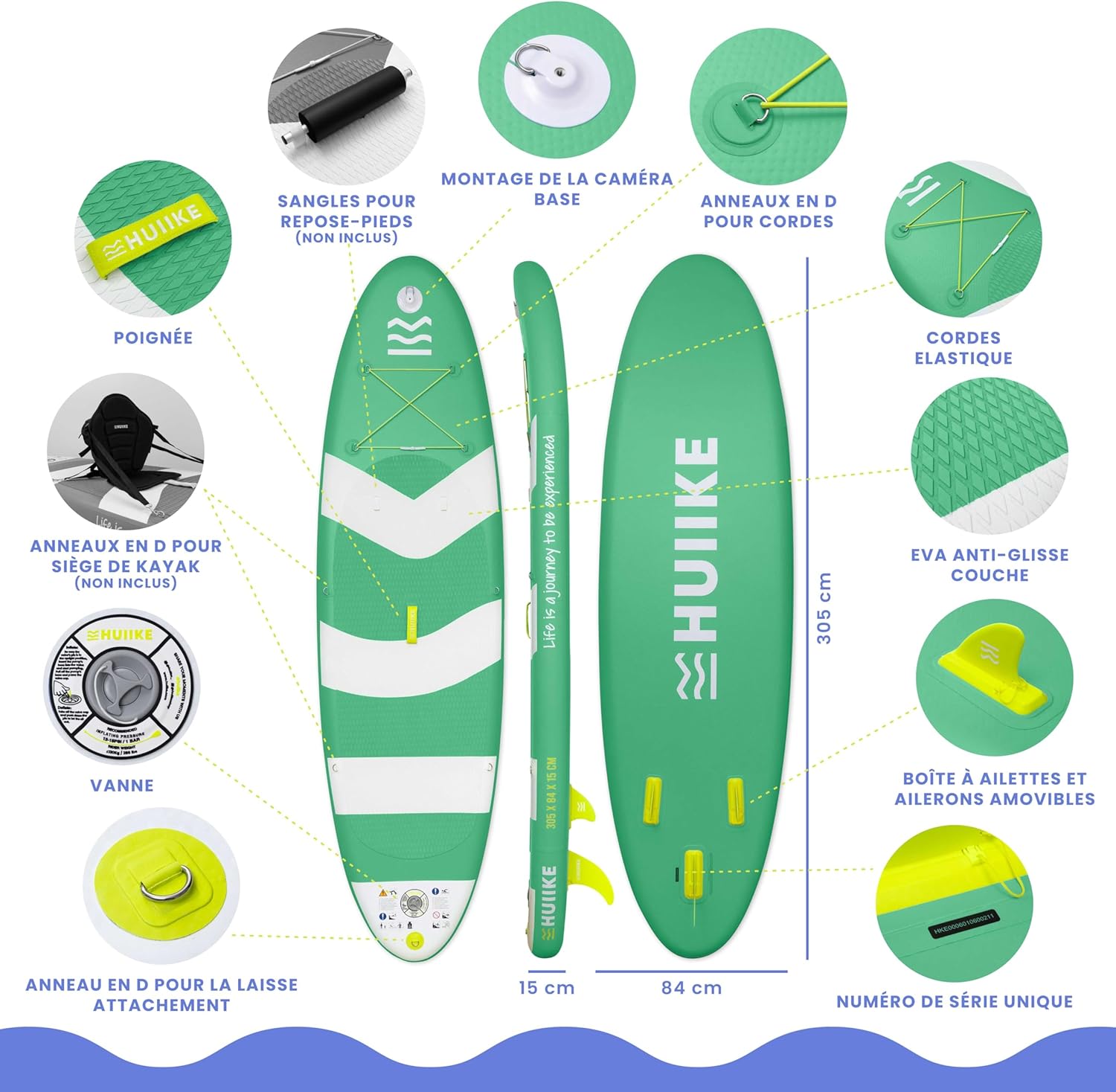 HUIIKE Paddle Gonflable Adulte avec Accessoires Inclus, Pagaie, Ailerons, Pompe. Planche de Stand Up Paddle Grande Stabilité et Résistance. 305 x 84 x 15 cm, Jusqu'à 130 kg