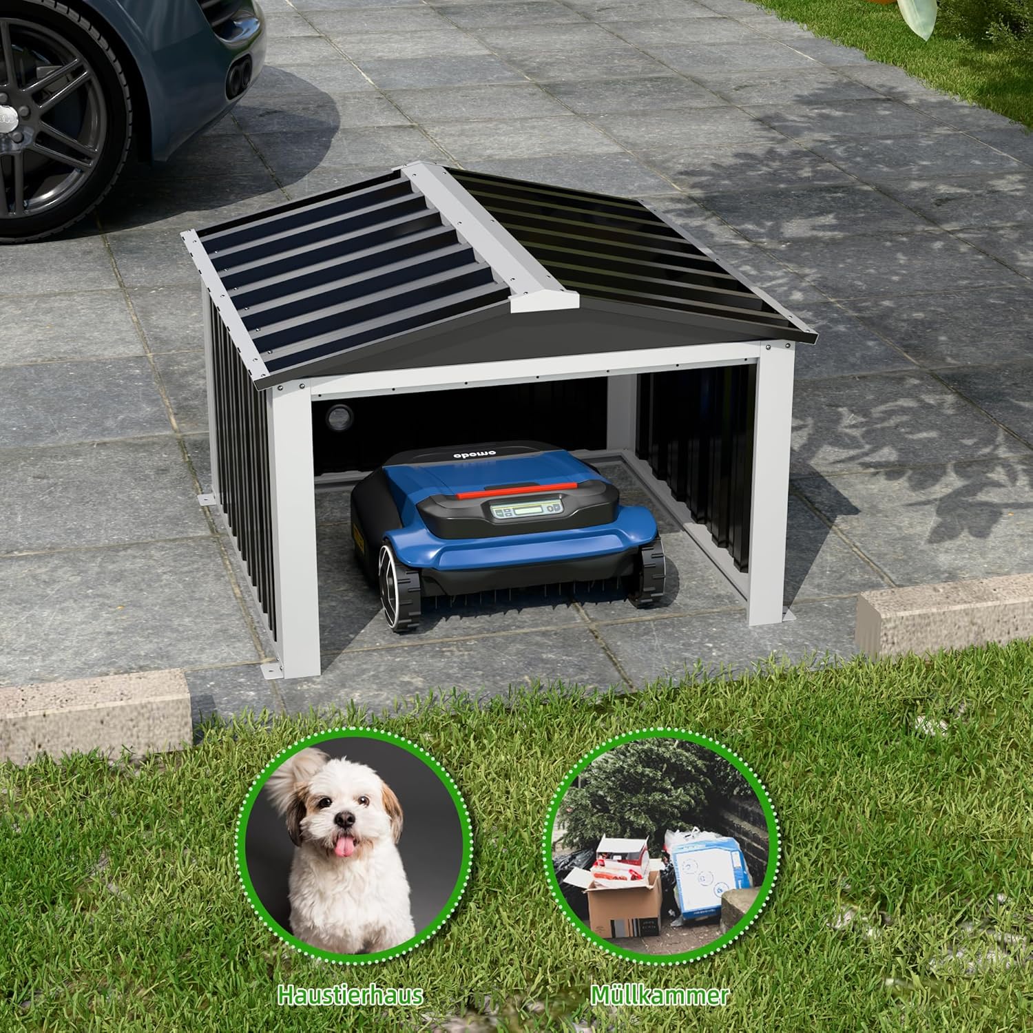 SUPEER Garage en Métal pour Robot Tondeuse avec Toit à Pignon - H 62 cm x L 90,5 cm x P 88,8 cm - Abri de Jardin pour Tondeuses à Gazon, Auvent pour Broyeur, Chambre pour Animaux