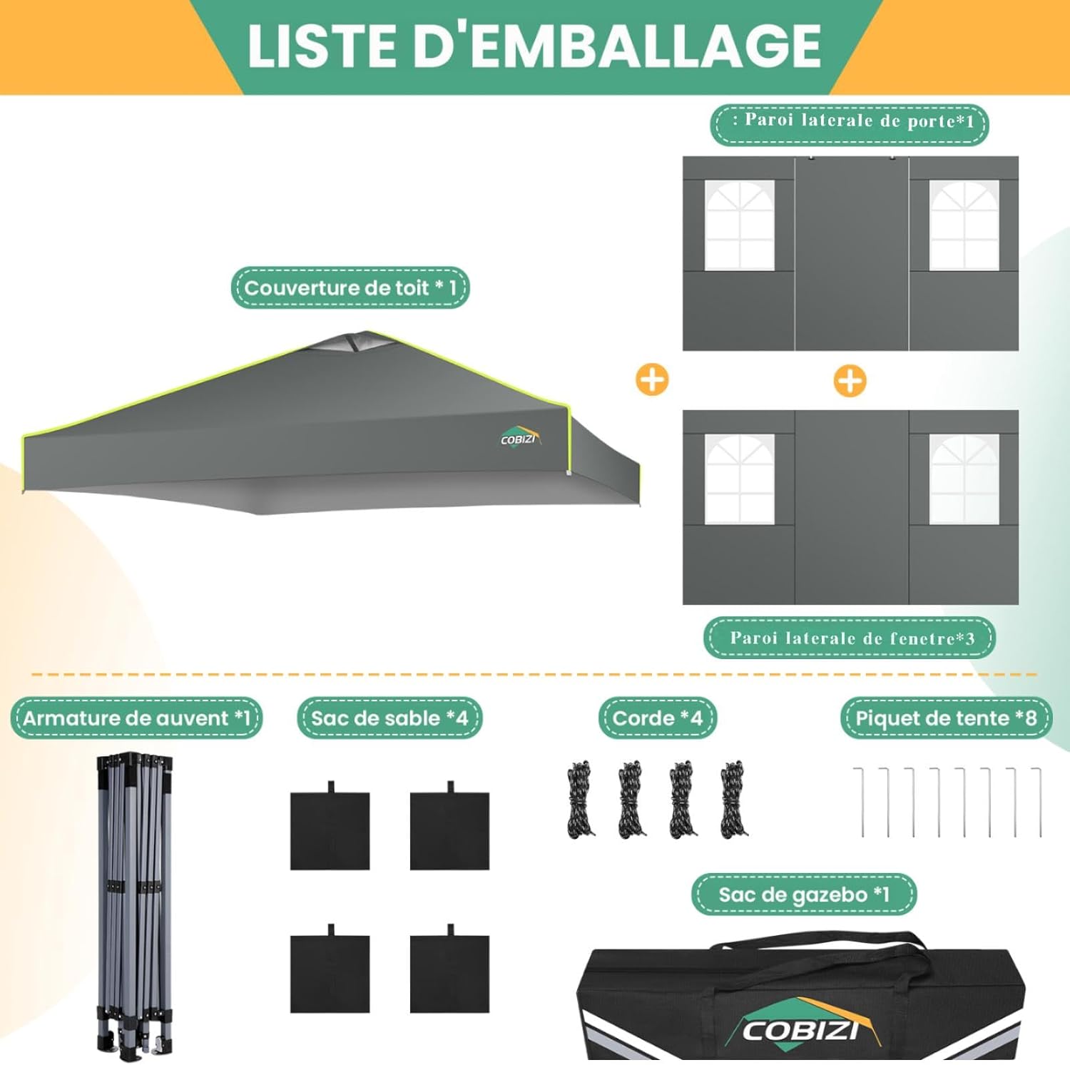 COBIZI - Tonnelle pliante série UV 50+ - 3x3m - verrouillage central, bandes fluorescentes, 4 parois