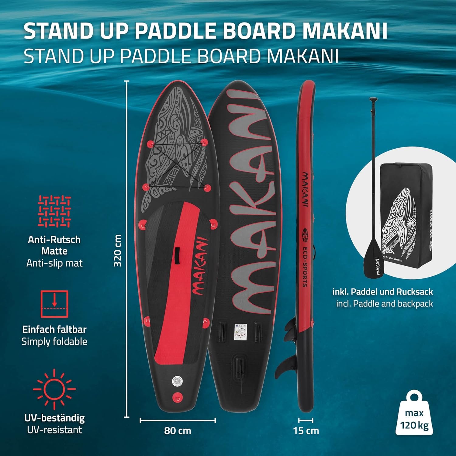 ECD Germany - Stand Up Paddle Board - 305/308/320/380 cm - PVC, 120/150 kg, 10/15 cm d'épaisseur