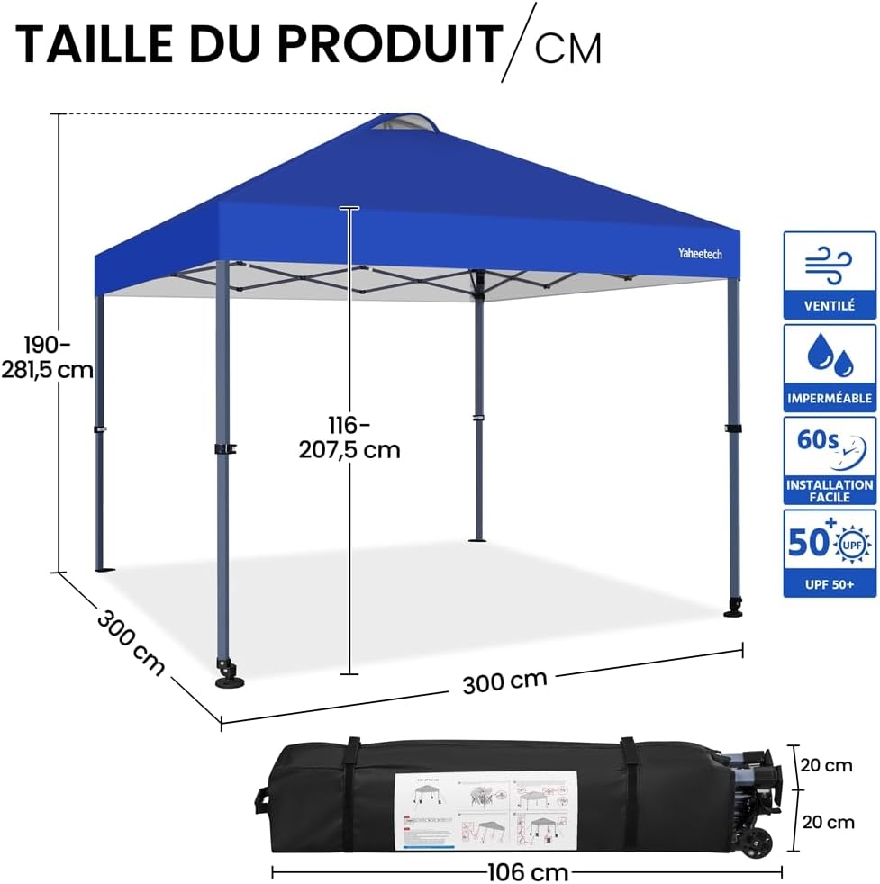 Yaheetech - Tonnelle pliante 3x3m - roulettes, UV50+, accessoires