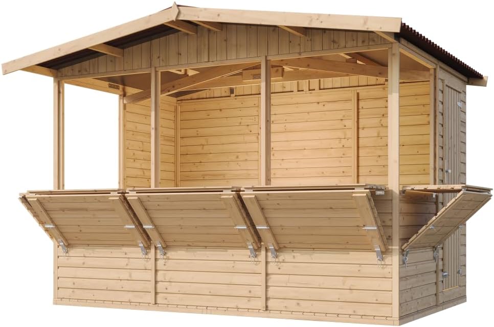 TIMBELA Abri de Jardin en Bois M150B – Kiosque Bois - Stand Marché avec 5 Fenêtres, L336xP263xH232 cm / 6 m², Facile à Monter et à Démonter, Bar Jardin