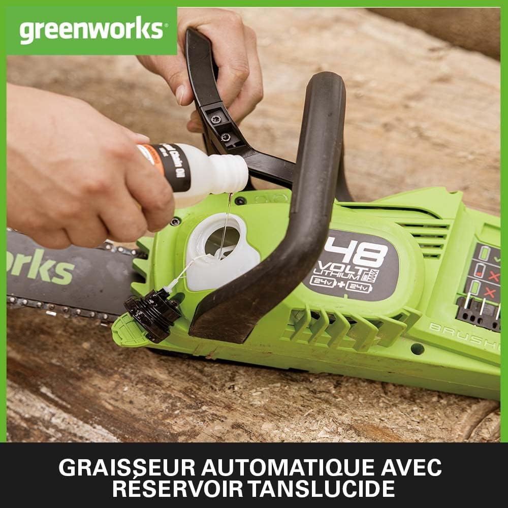 Greenworks - Tronçonneuse sans fil série 48V - 35cm - moteur sans balais, vitesse 20m/s, 2 batteries 24V 4Ah, graisseur 